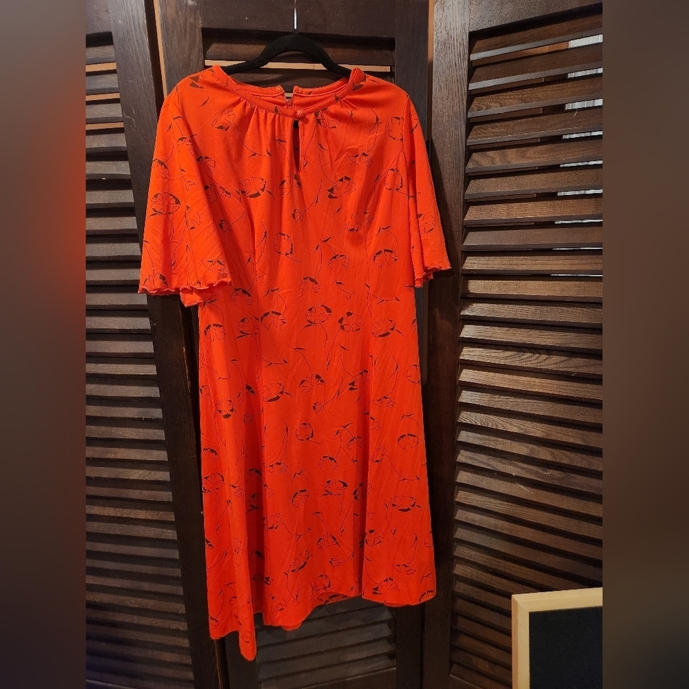 Vintage Red Midi Dress with Black Floral Accents